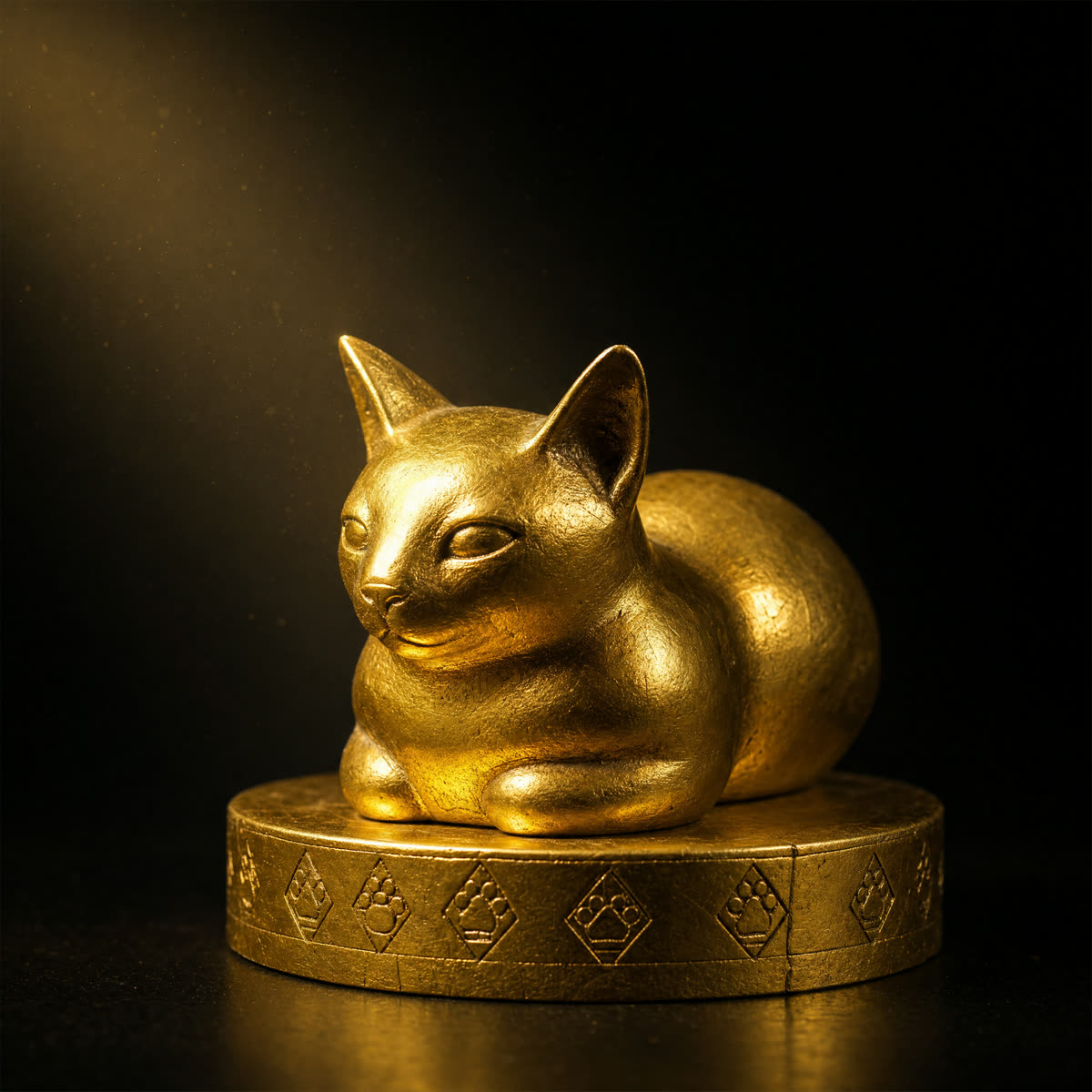 A small golden cat idol in loaf pose photographed on black. Three engraved rings circle its base, each carrying small glyphs. One glyph on each ring is a paw print.